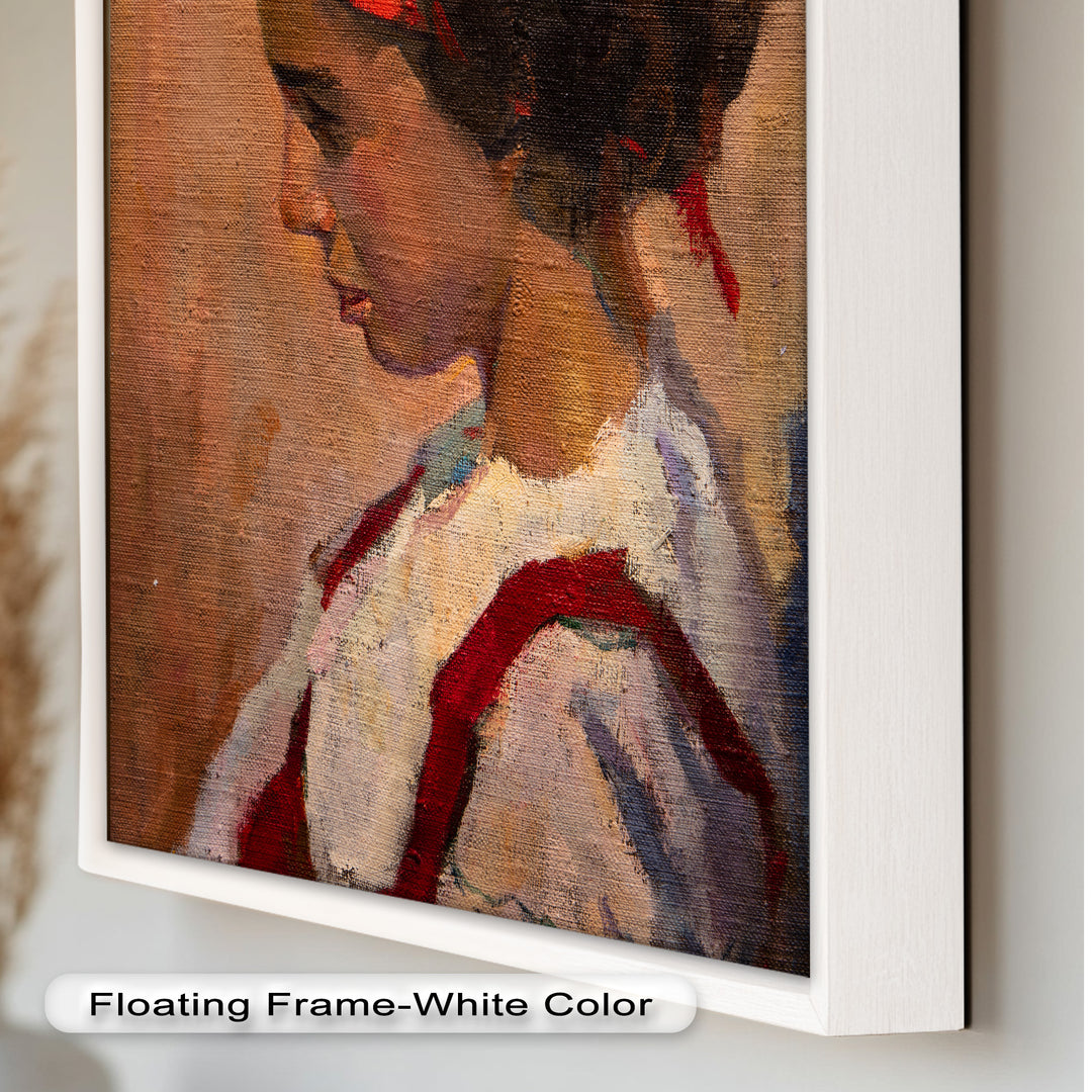 Crimson Reverie – Side Portrait of a Girl in Red Headband Oil Painting