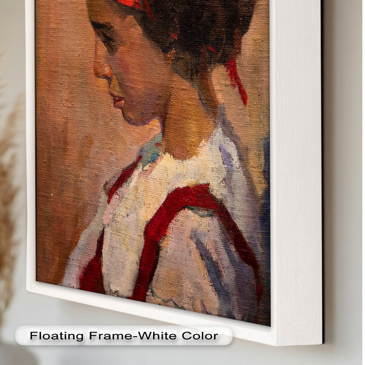 Crimson Reverie – Side Portrait of a Girl in Red Headband Oil Painting
