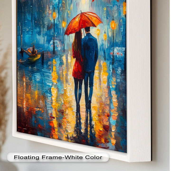 Romantic Couple Strolling Under Red Umbrella - Love Oil Painting