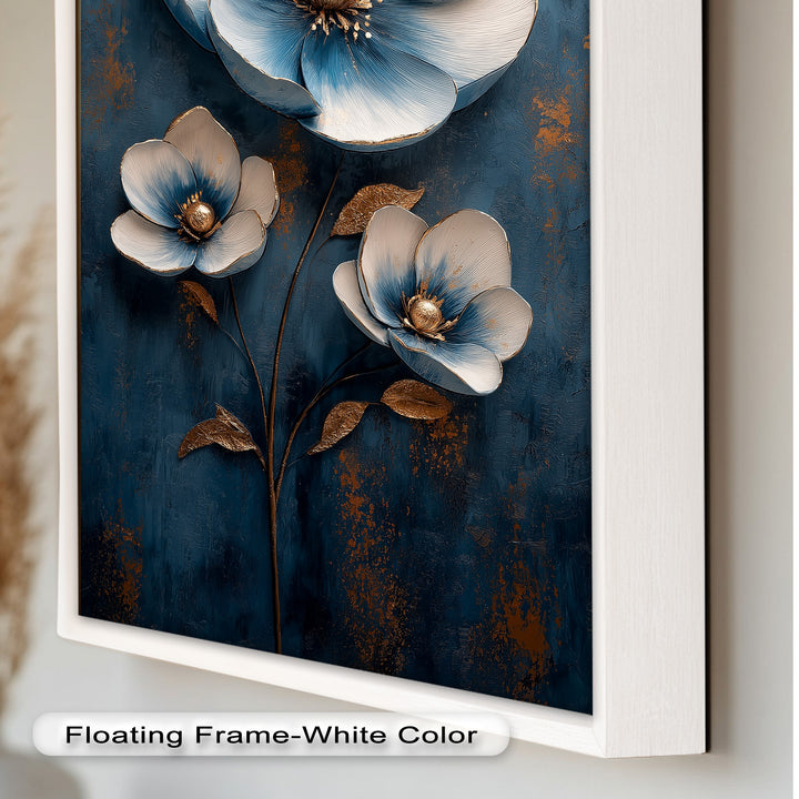 Deep Blue and Metallic Floral Elegance - Flower Oil Painting