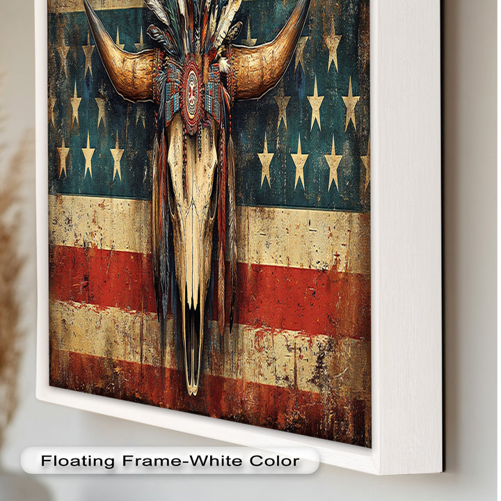 Tribal Longhorn Totenkopf mit Kopfschmuck – Amerikanisches Ölgemälde