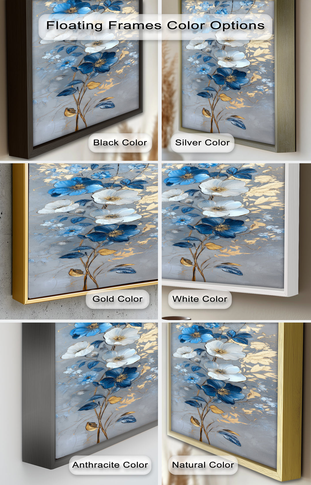Blau-weiße Blüten Wandkunst – Blumenölgemälde