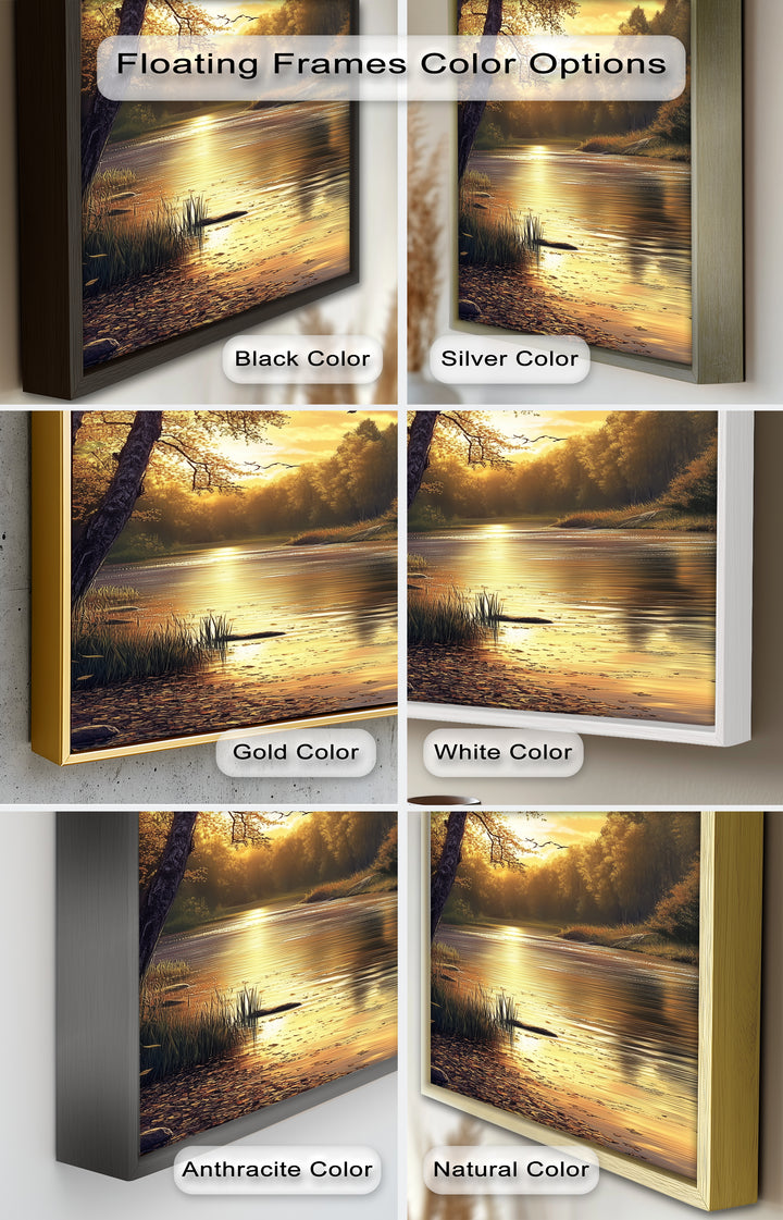 Ölgemälde einer herbstlichen Flusslandschaft – Sonnenuntergangs-Wandkunst