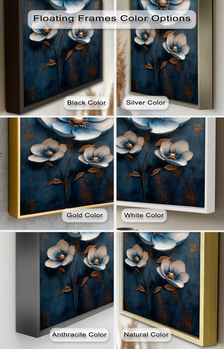 Deep Blue and Metallic Floral Elegance - Flower Oil Painting