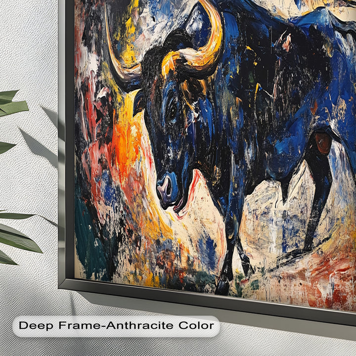 Fierce Blue Bull in Motion – Abstract Oil Painting