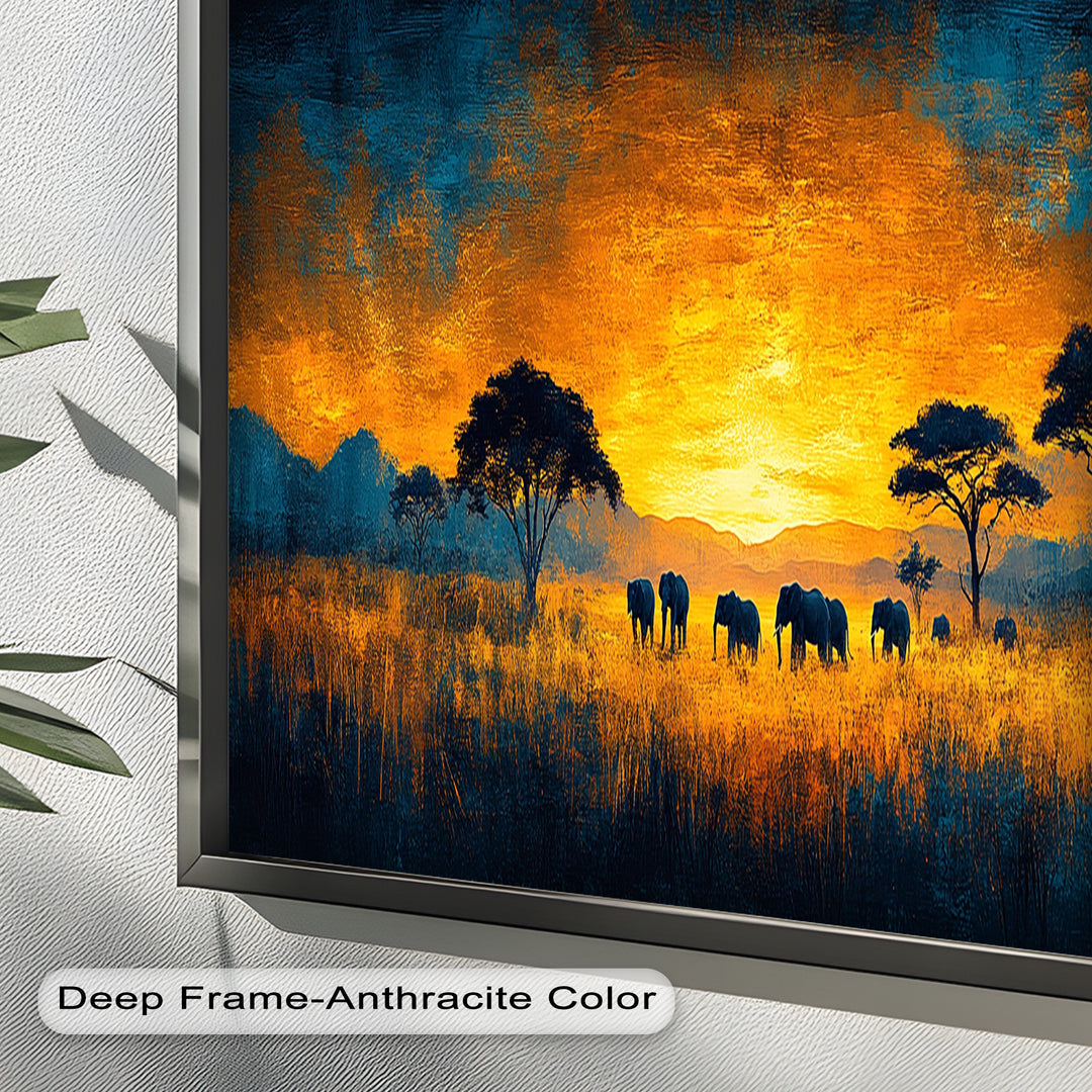 Golden Savannah Sunset – Elephant Silhouette Oil Painting