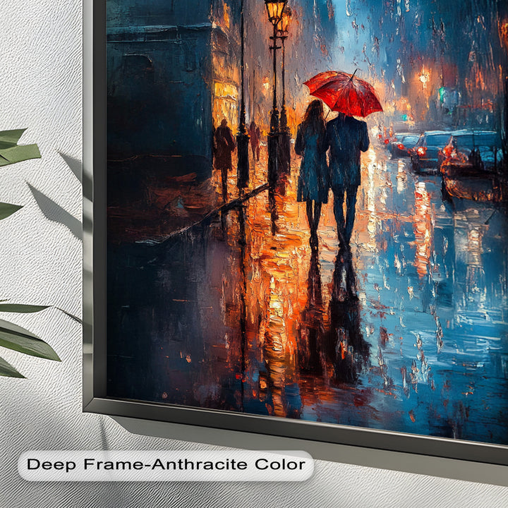 Romantic Couple in Rainy City - Love Oil Painting
