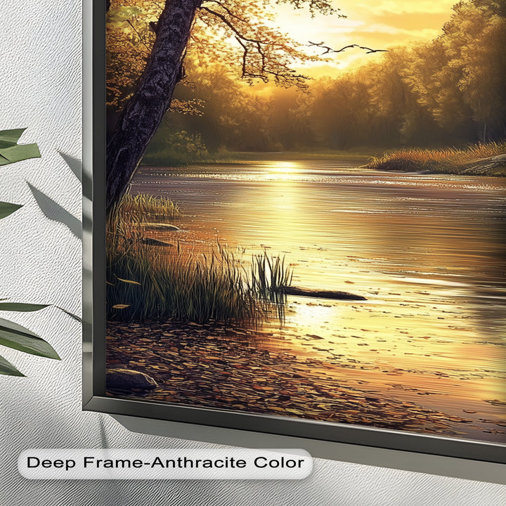 Ölgemälde einer herbstlichen Flusslandschaft – Sonnenuntergangs-Wandkunst