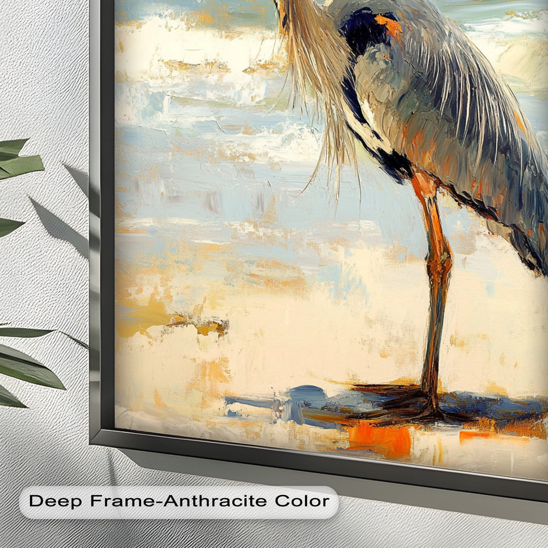 Coastal Heron with Ocean Breeze - Modern Oil Painting