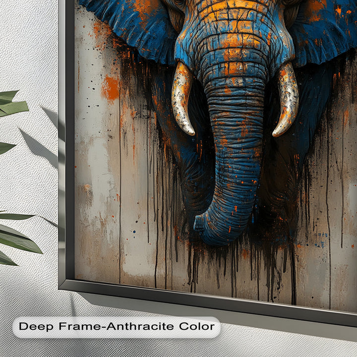 Blue and Orange Elephant Portrait - Animal Oil Painting