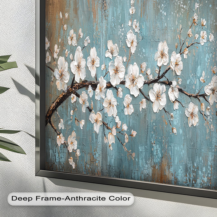 White Blossoms on Blue Textured Branch - Flower Oil Painting
