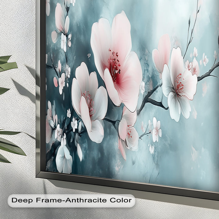 Soft Pink and White Petals on Tranquil Blue - Flower Oil Painting