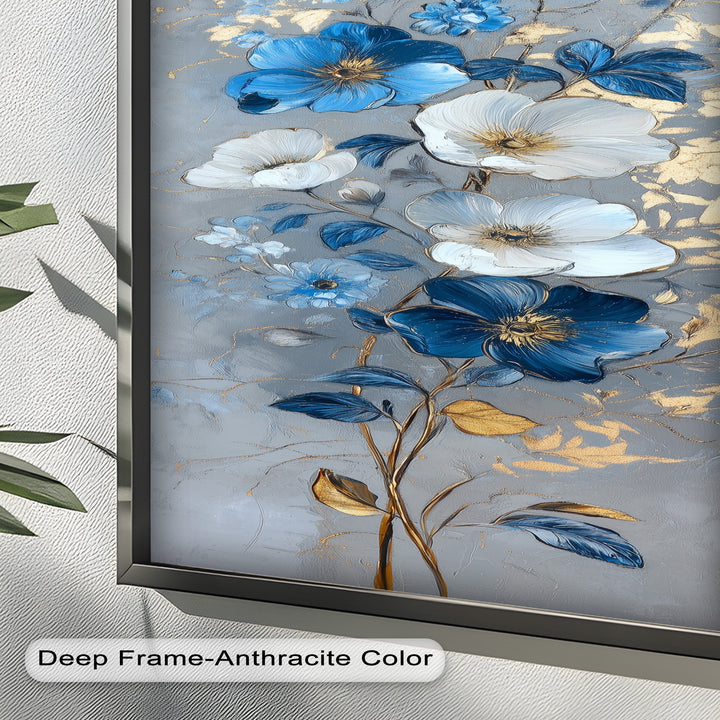 Blau-weiße Blüten Wandkunst – Blumenölgemälde