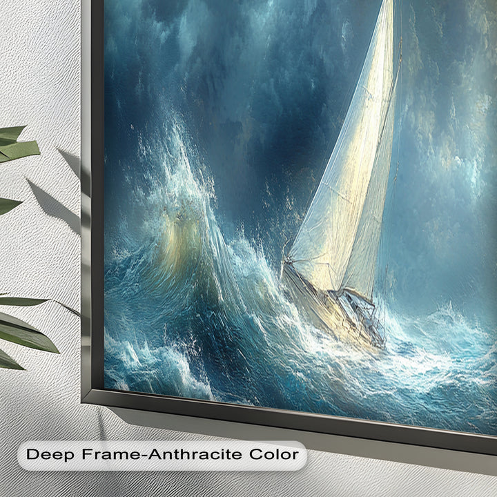 Into the Surge – Sailboat Battling Ocean Waves Oil Painting