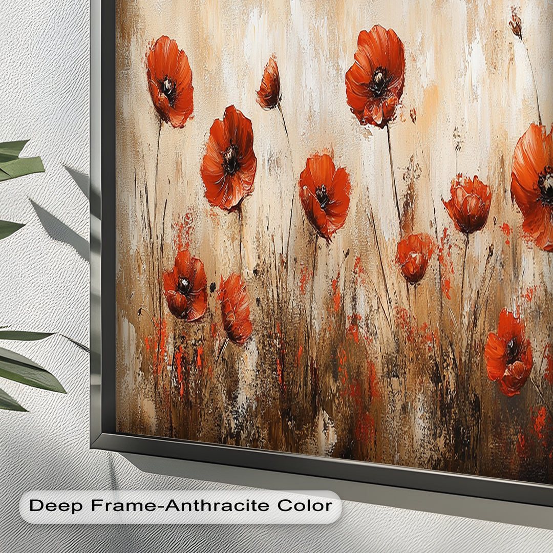 Red Poppies in Earth-Toned Harmony - Flower Oil Painting