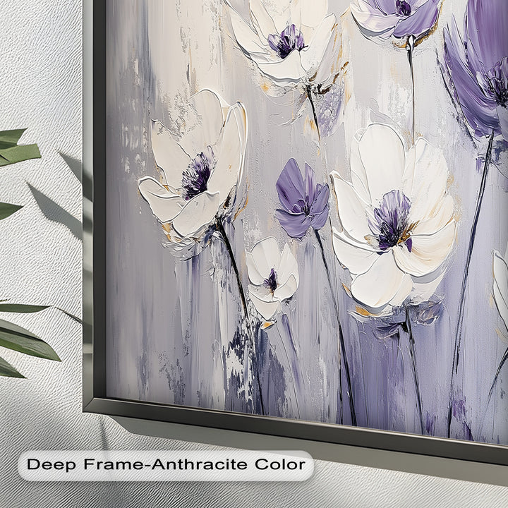 White and Purple Florals on Misty Background - Flower Oil Painting