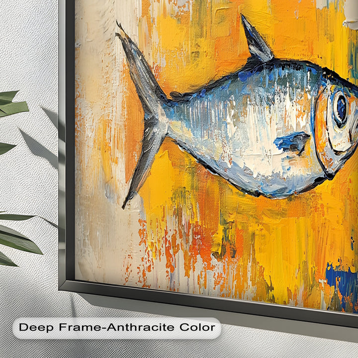 Blue Fish on Vibrant Yellow Background - Animal Oil Painting