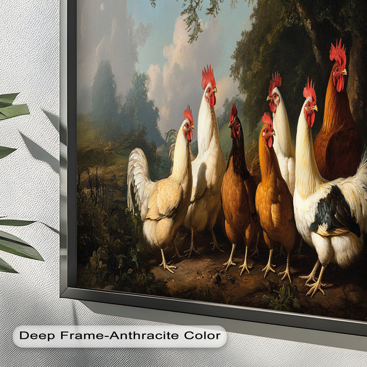 Roosters and Hens in a Countryside Clearing - Animal Oil Painting