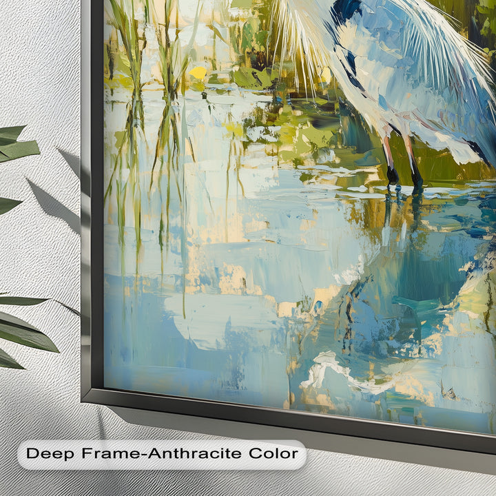 Heron Amid Textured Reflections - Animal Oil Painting