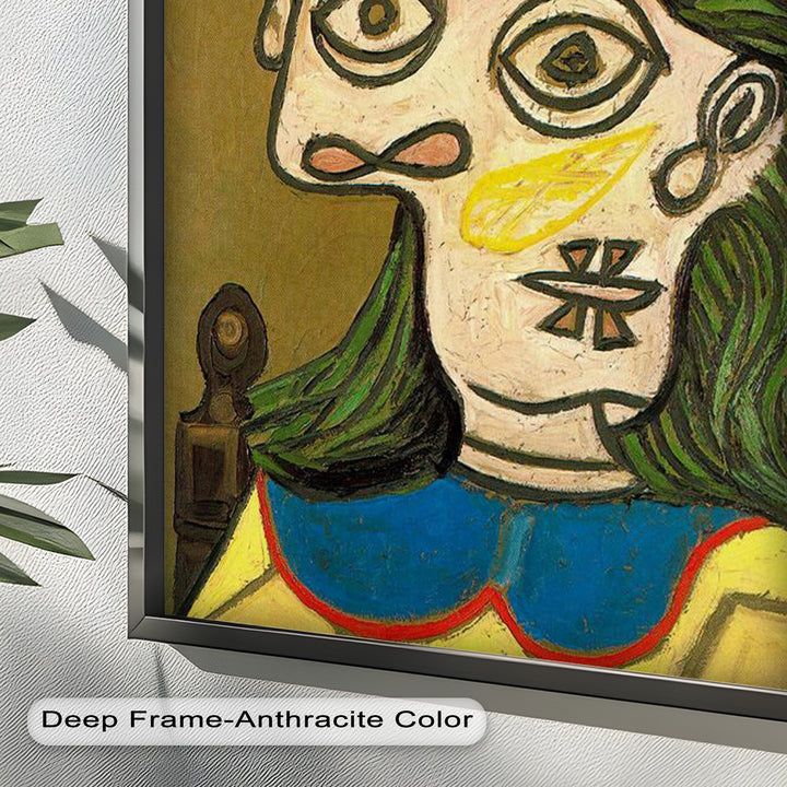 Whimsical Gaze – Abstraktes Porträt mit grünem Haar, kubistisches Ölgemälde