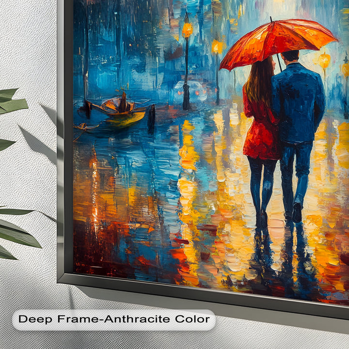 Romantic Couple Strolling Under Red Umbrella - Love Oil Painting