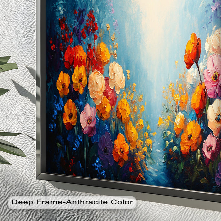 Multicolor Blossoms in Blue Radiance - Flower Oil Painting