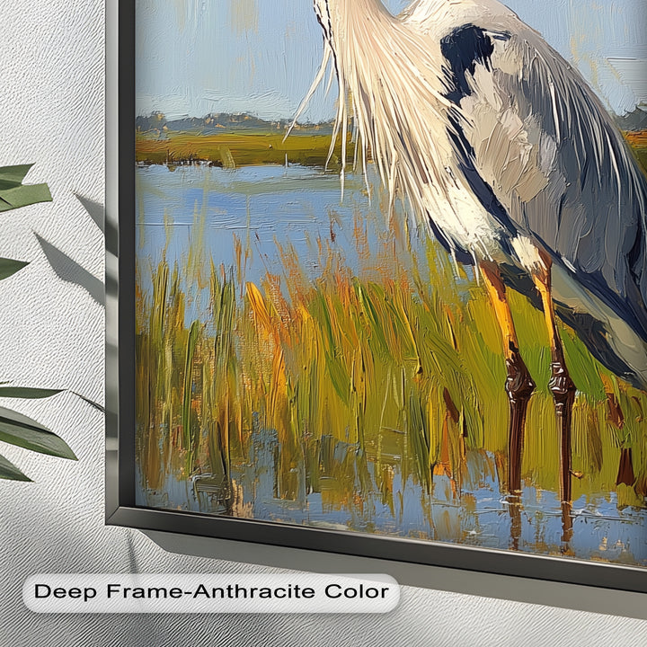 Heron in Sunlit Wetlands - Animal Oil Painting