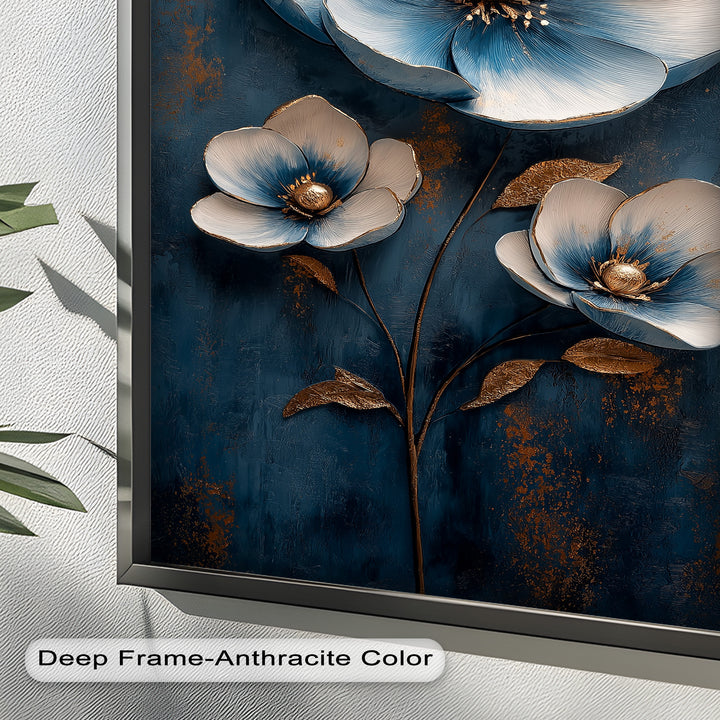 Deep Blue and Metallic Floral Elegance - Flower Oil Painting