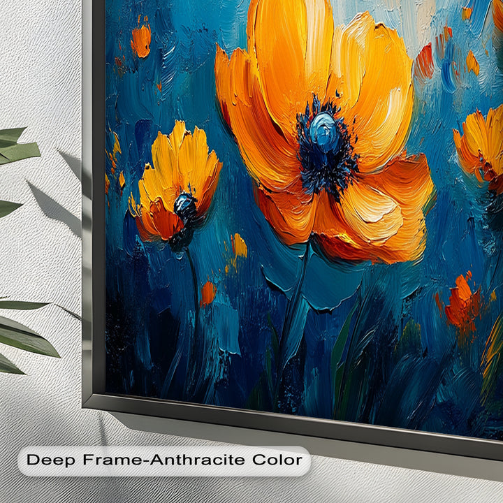 Orange Flowers on Deep Blue - Flower Oil Painting