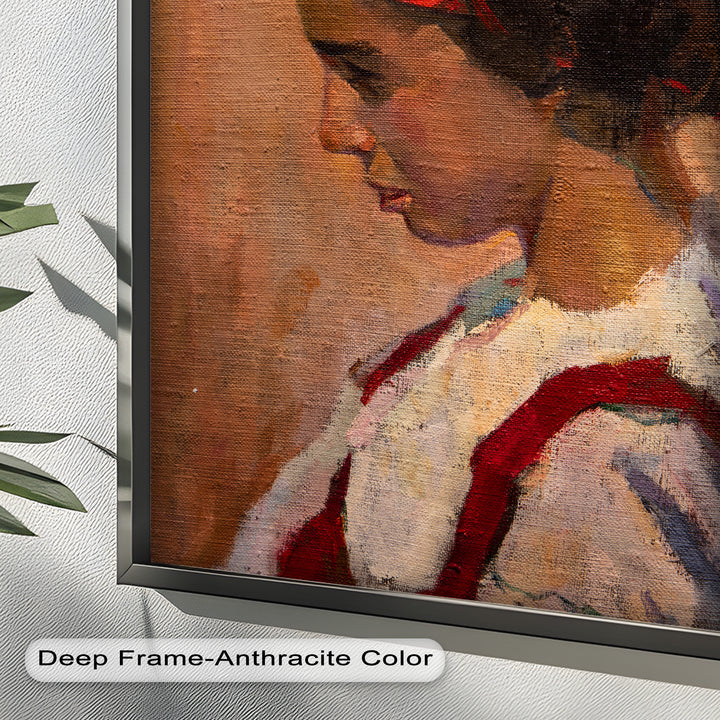 Crimson Reverie – Side Portrait of a Girl in Red Headband Oil Painting