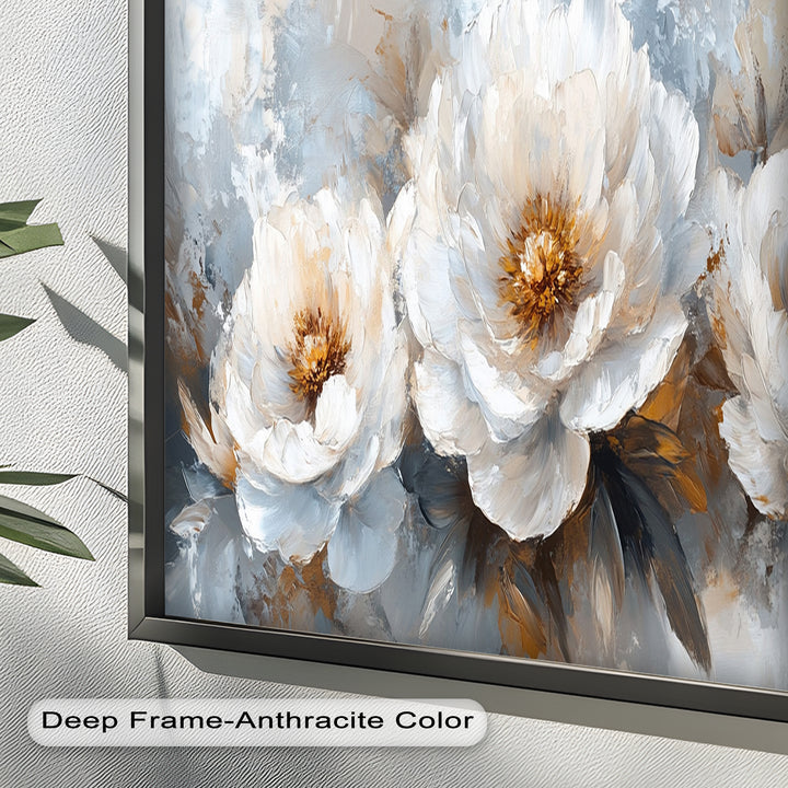White Petals on Soft Neutral Background - Flower Oil Painting