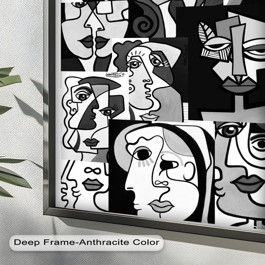 Monochrome Whispers – Collage of Cubist Faces Abstract Oil Painting