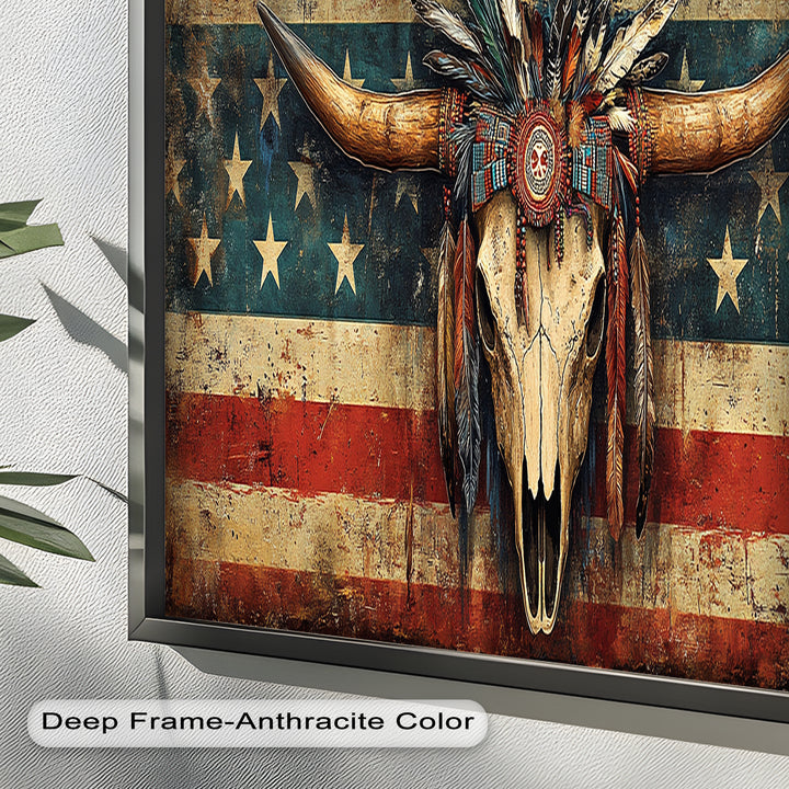 Tribal Longhorn Totenkopf mit Kopfschmuck – Amerikanisches Ölgemälde