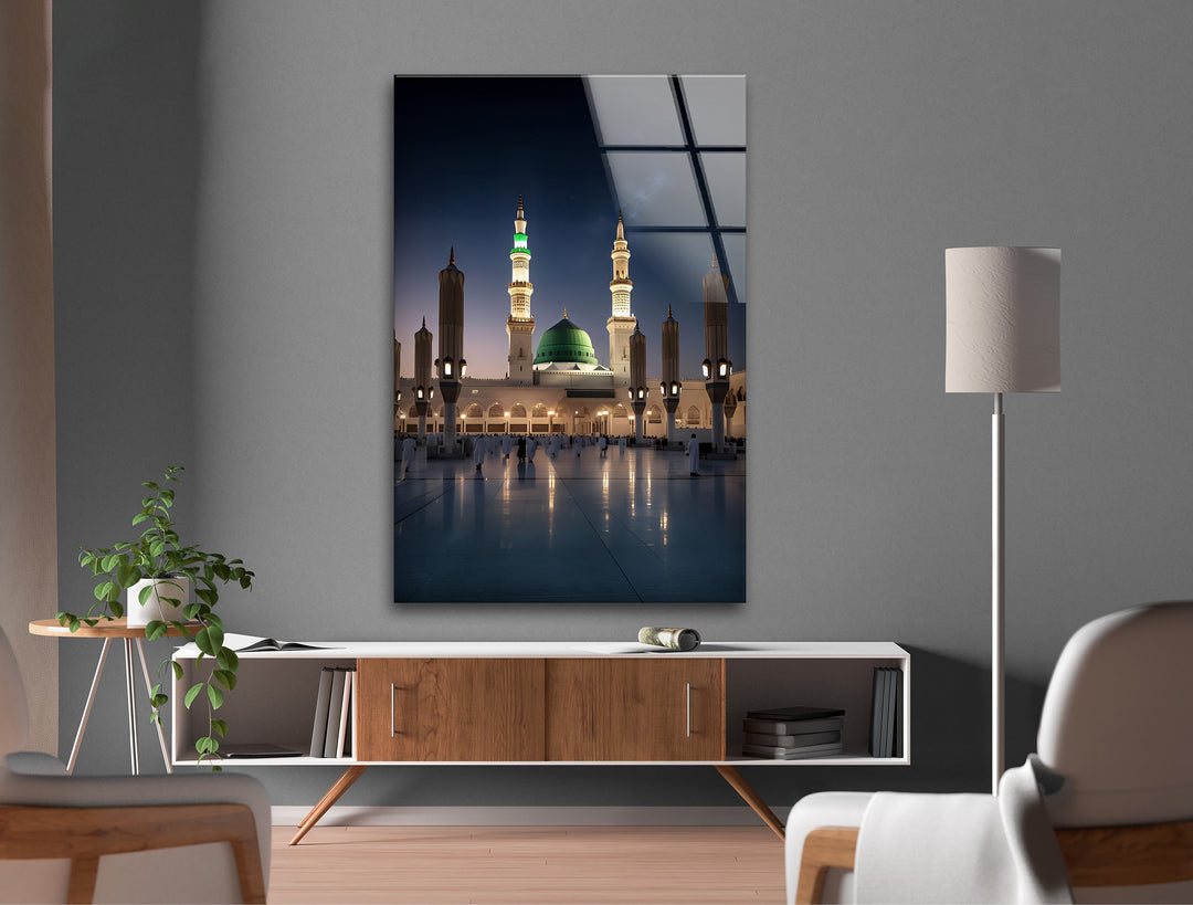 Moonlit Serenity – Prophet’s Mosque Medina Night Glass Wall Art