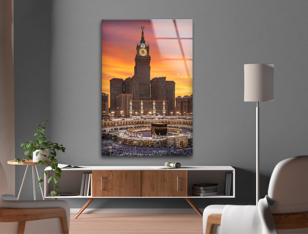 Golden Hour Majesty – Kaaba and Makkah Clock Tower Glass Wall Art