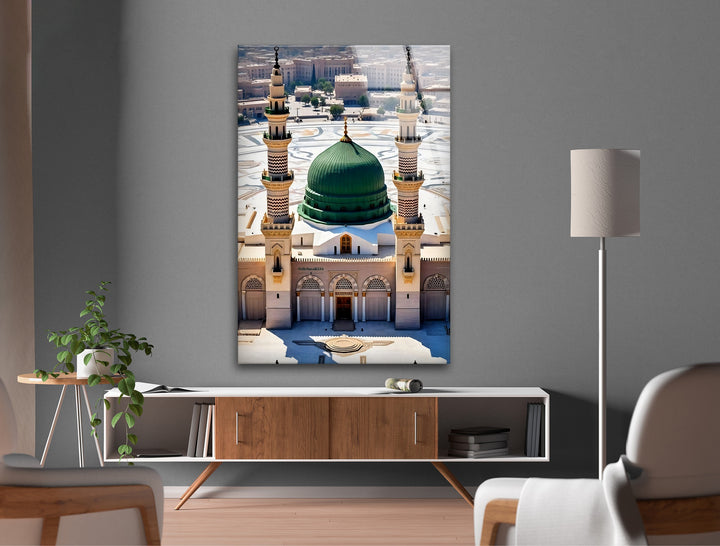Medina mosque artwork with vibrant green dome reflection