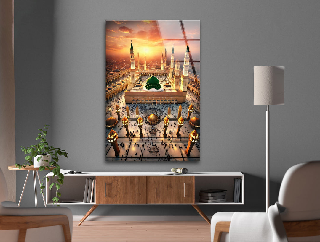 Radiant Serenity – Al-Masjid an-Nabawi Sunset Glass Wall Art