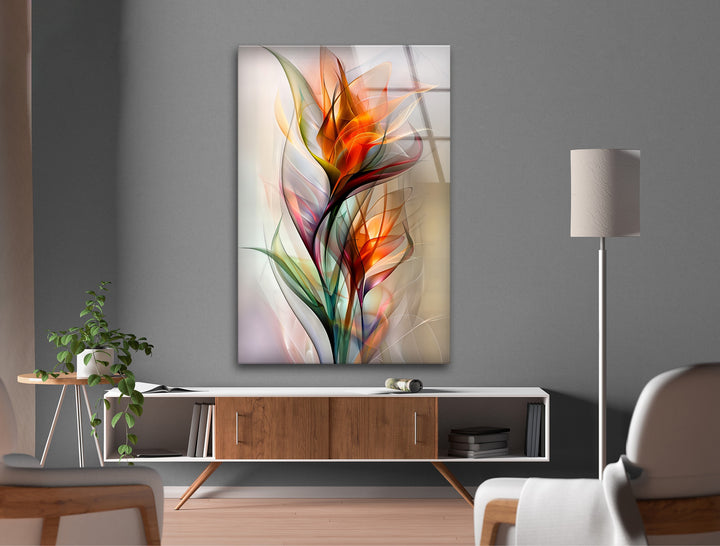 Vibrant abstract floral glass wall prints with flowing petals in radiant orange, red, and green hues are the focal point.