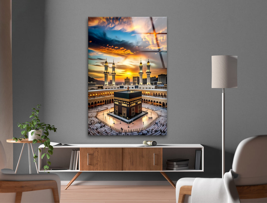 Radiant Faith – Kaaba Under Golden Sunset Glass Wall Art