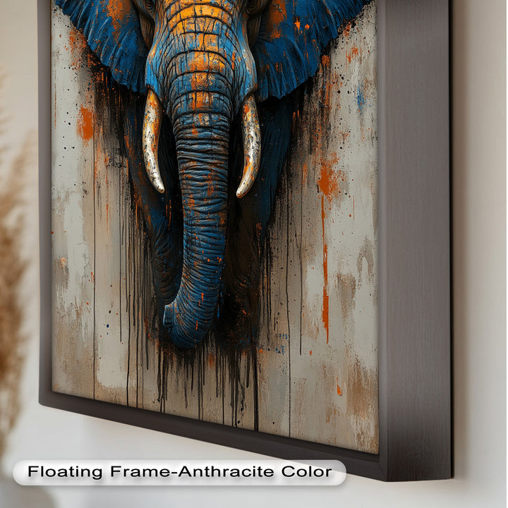 Blue and Orange Elephant Portrait - Animal Oil Painting