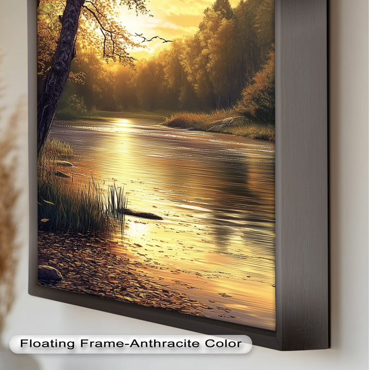 Ölgemälde einer herbstlichen Flusslandschaft – Sonnenuntergangs-Wandkunst
