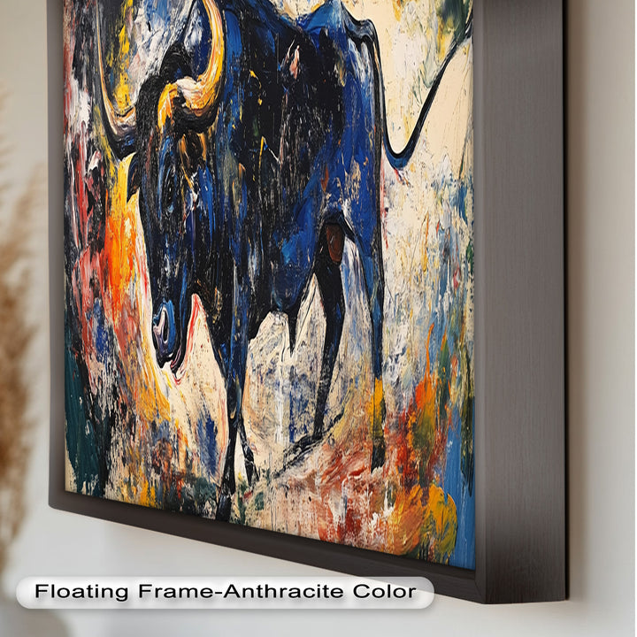 Fierce Blue Bull in Motion – Abstract Oil Painting