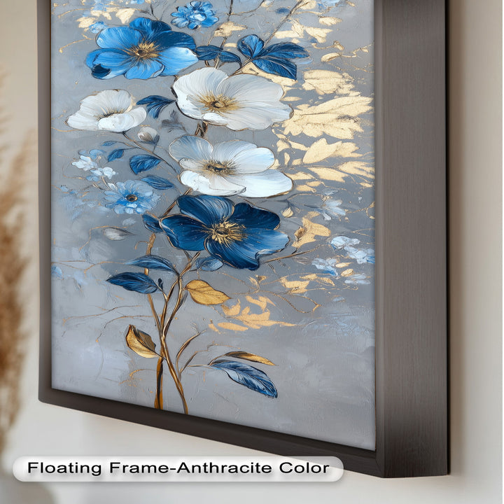 Blau-weiße Blüten Wandkunst – Blumenölgemälde