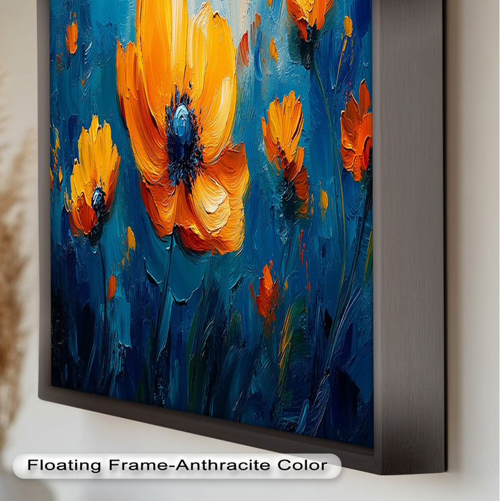 Orange Flowers on Deep Blue - Flower Oil Painting