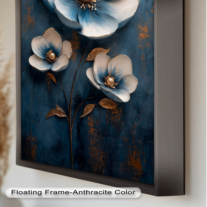 Deep Blue and Metallic Floral Elegance - Flower Oil Painting