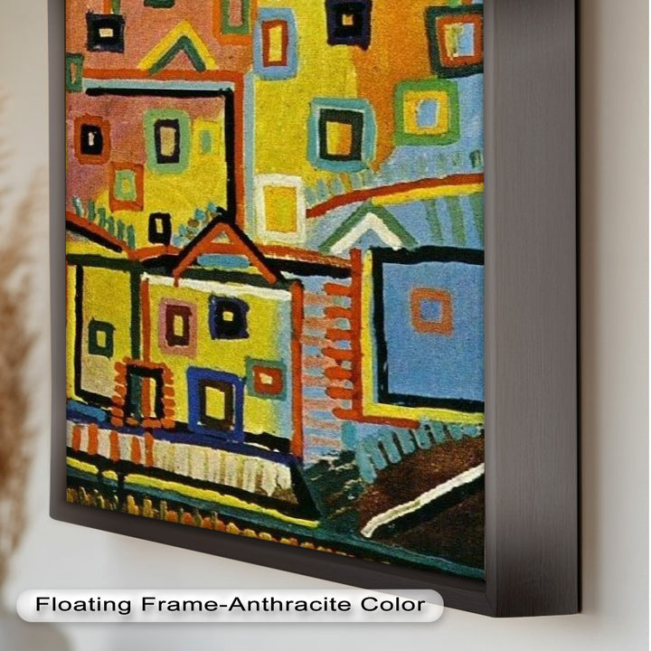 Farbenfrohe geometrische Stadtlandschaft als Wandkunst – kubistisches Ölgemälde