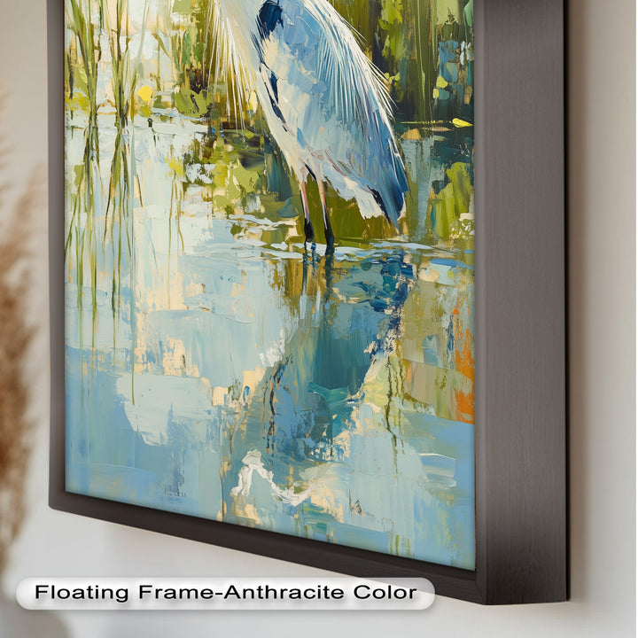 Heron Amid Textured Reflections - Animal Oil Painting