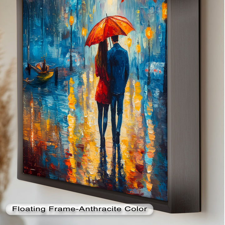 Romantic Couple Strolling Under Red Umbrella - Love Oil Painting