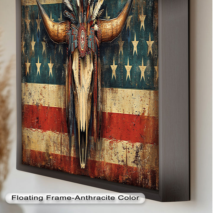 Tribal Longhorn Totenkopf mit Kopfschmuck – Amerikanisches Ölgemälde
