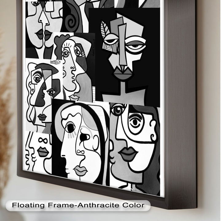 Monochrome Whispers – Collage of Cubist Faces Abstract Oil Painting